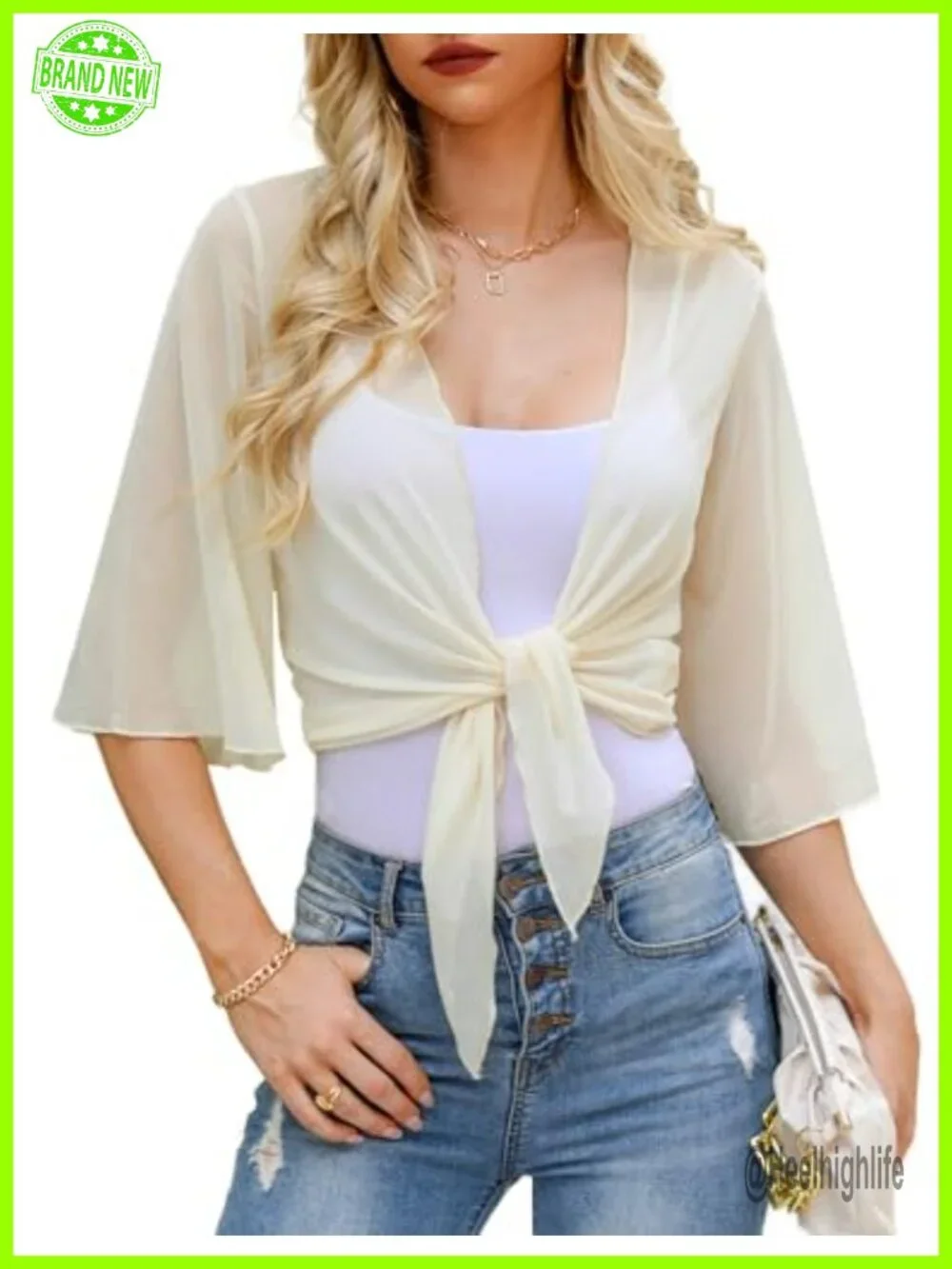 Women's Short Cardigan Bolero Sheer Shrug Tie Open Front Bell Sleeve Cropped
